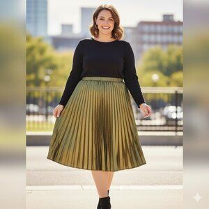 Caligraphie Metallic Gold Women's Pleated Midi Skirt